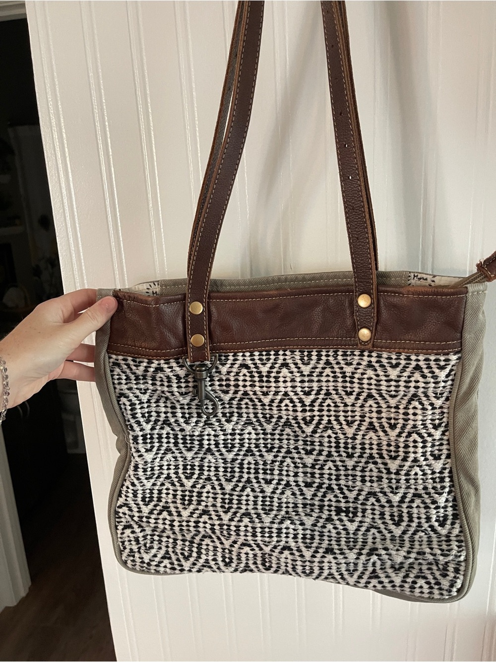 Myra Bag Pattern Brown and Black Tote Bag with Leather Trim